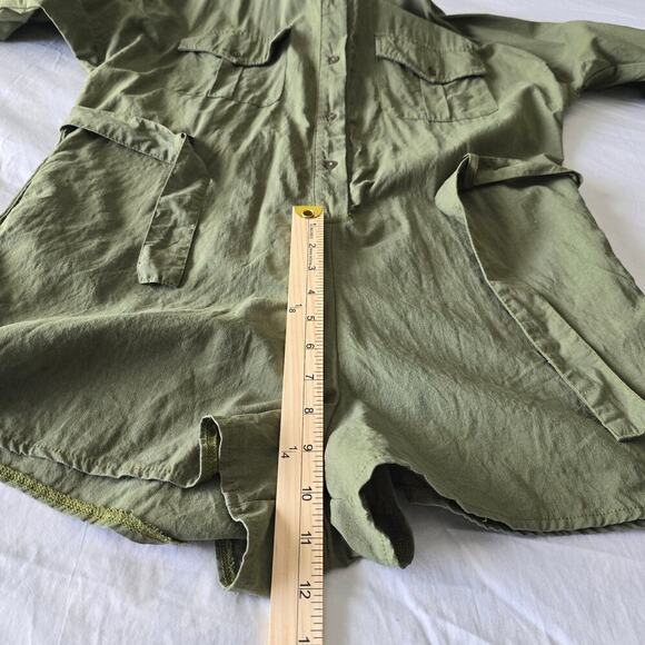 Embroidered Floral Army Green Cargo Romper Short Roll Sleeves Tie Waist Button - Picture 9 of 10